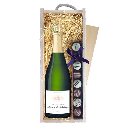 Baron De Villeboerg Brut Champagne 75cl & Truffles, Wooden Box
